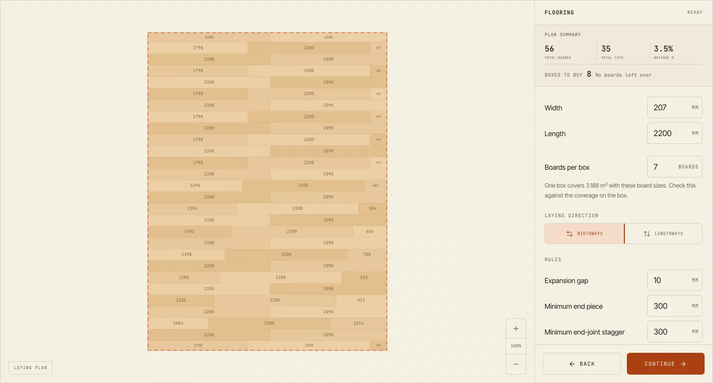 The plan view in PlankBuddy: a room filled with boards, each showing its length in millimetres, and a summary of 56 boards, 35 cuts, 3.5% waste and 8 boxes to buy.