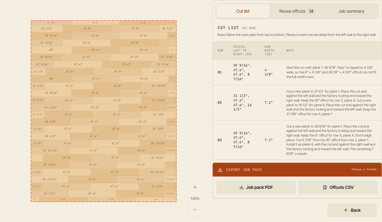 PlankBuddy with the layout plan and a cut list of plank lengths in inches and instructions for each row.