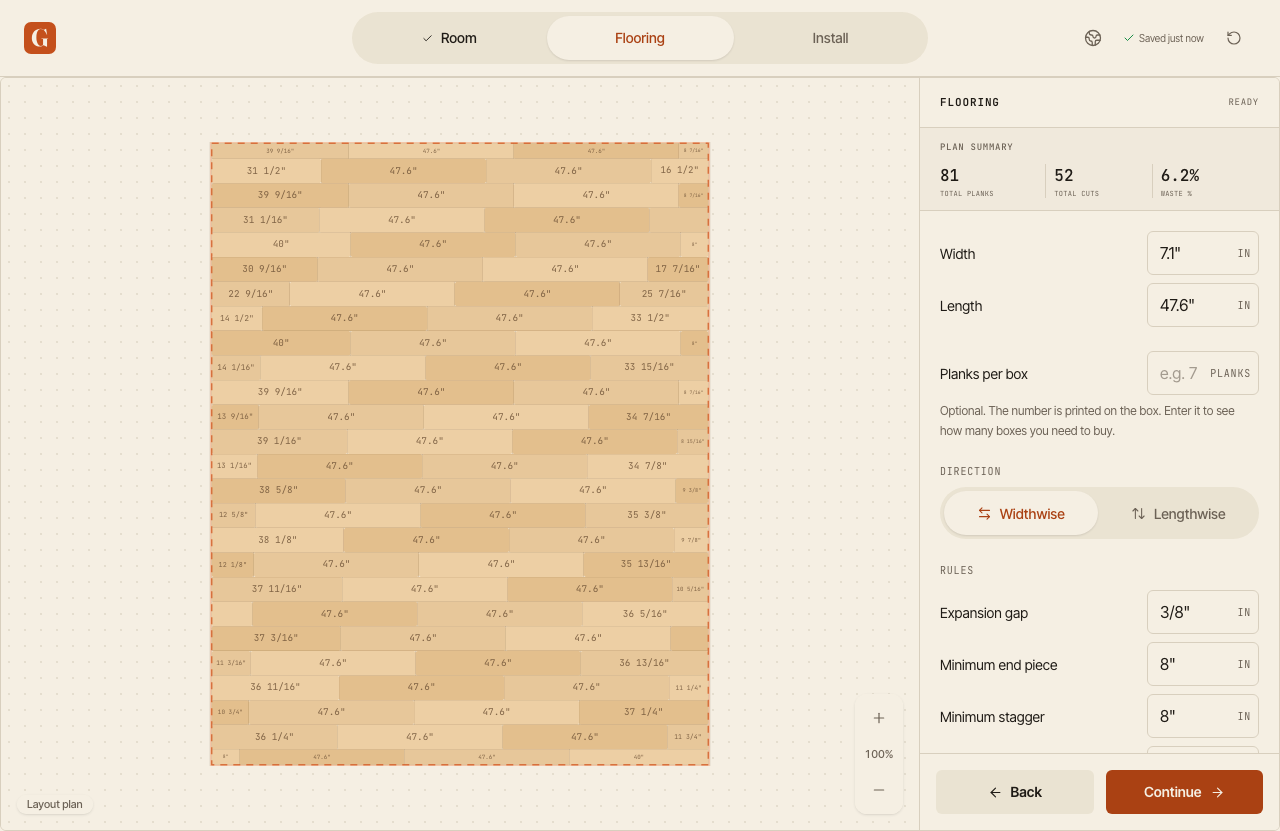 PlankBuddy with a calculated layout plan in inches, the plank size and install rules.