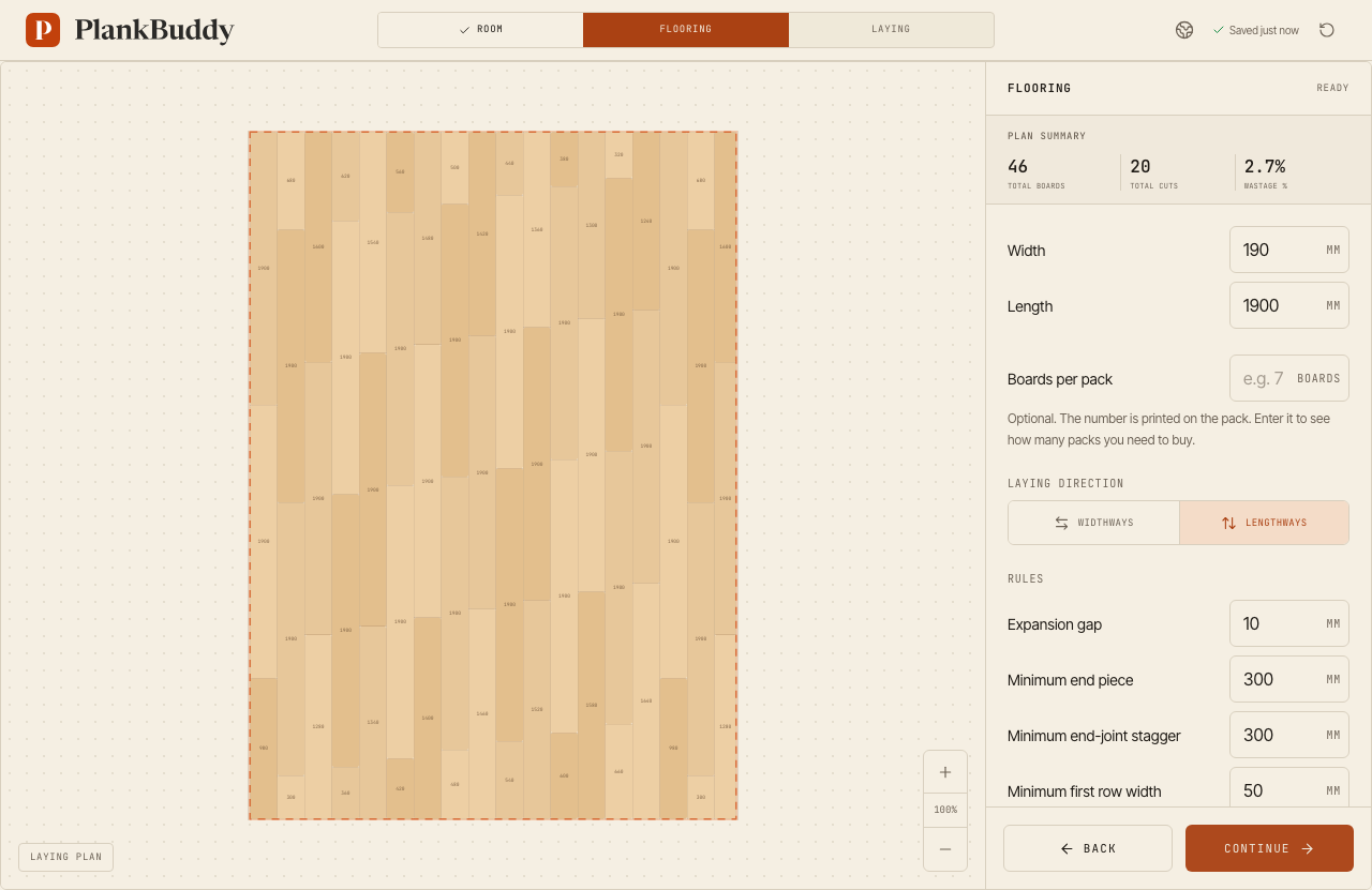 The laying plan in PlankBuddy for a 4.8 × 3.4 m room with 1900 × 190 mm engineered timber boards: 18 rows, 46 boards and 20 cuts.