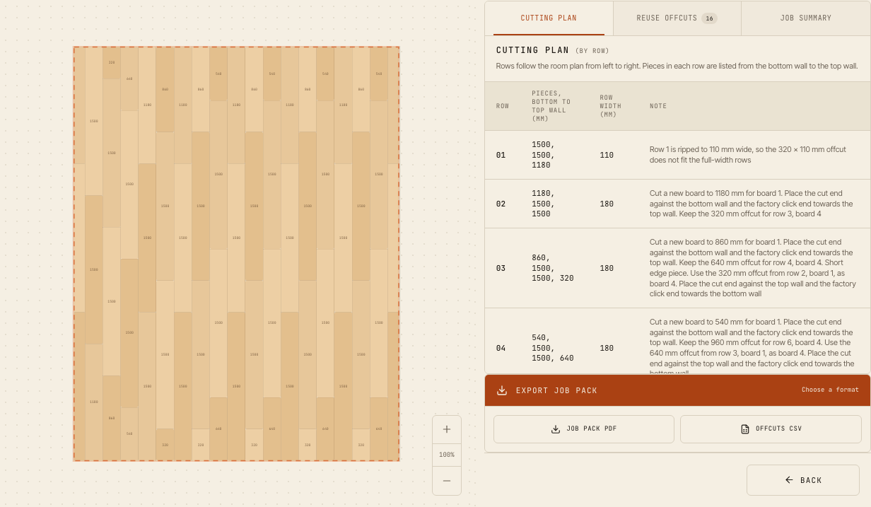 The cutting plan in PlankBuddy for a 4.2 × 3.3 m room with 180 mm wide boards: row 1 is cut to 110 mm wide and the last row is 110 mm.