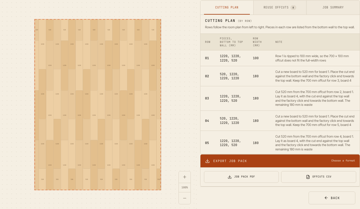 The cutting plan in PlankBuddy for a 4.2 × 3.1 m room with 180 mm wide boards: row 1 is cut to 100 mm wide and the last row is 100 mm.