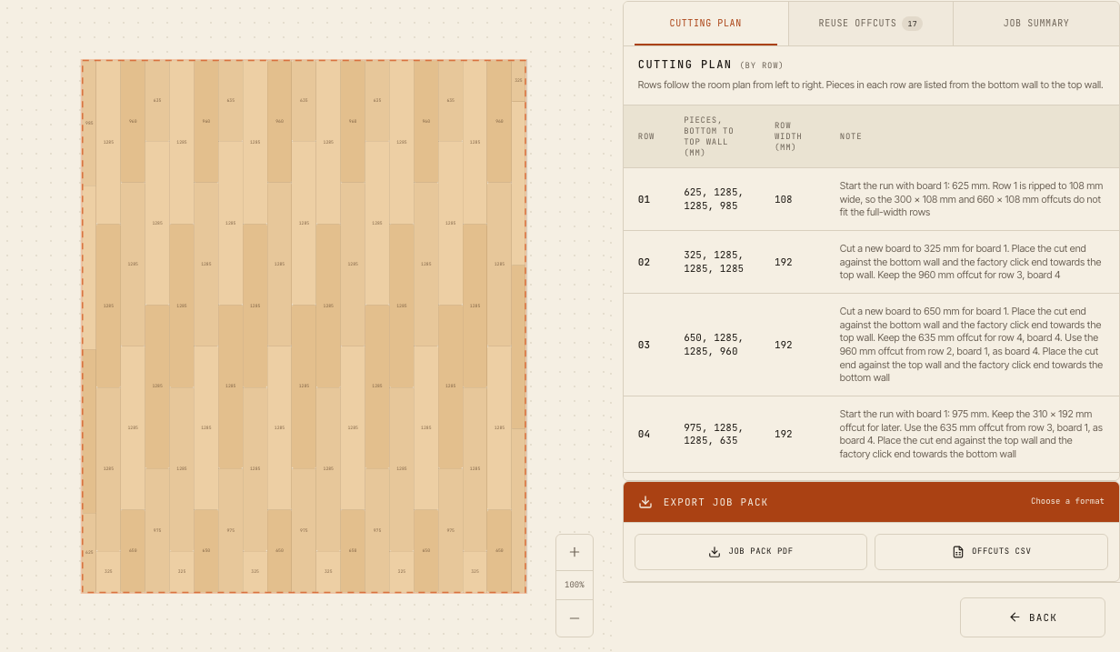 The cutting plan in PlankBuddy for a 4.2 × 3.5 m room with 192 mm wide boards: row 1 is cut to 108 mm wide and the last row is 108 mm.