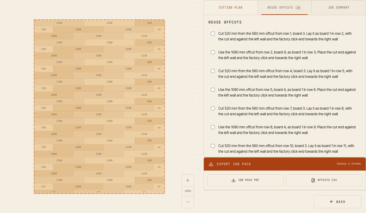 PlankBuddy with the laying plan and instructions for reusing offcuts.