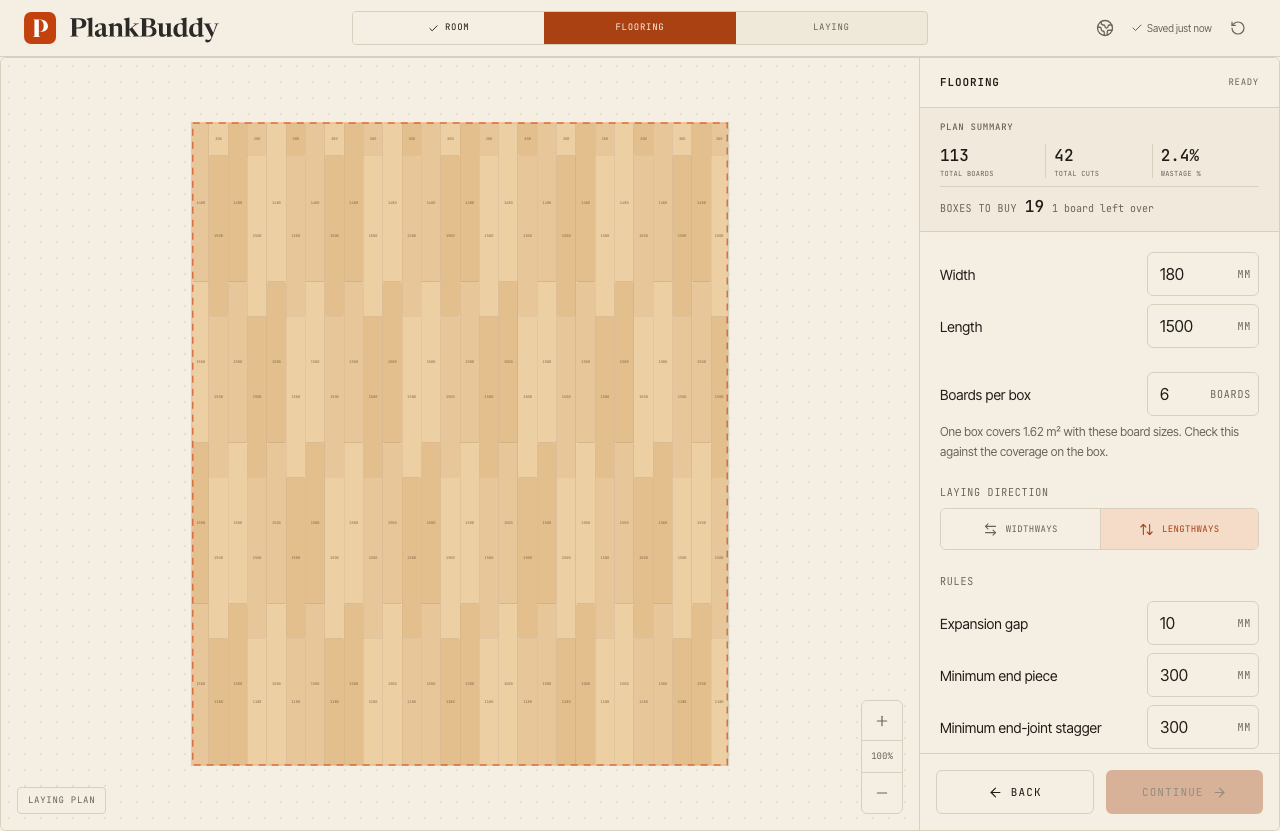 The Flooring step in PlankBuddy for a 6.0 × 5.0 m room with 1500 × 180 mm boards, 6 per box: 113 boards, 42 cuts and 19 boxes to buy.
