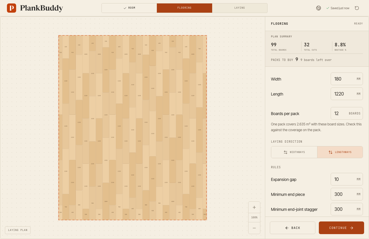 The Flooring step in PlankBuddy for a 5.0 × 4.0 m room with 1220 × 180 mm boards, 12 per pack: 99 boards, 32 cuts and 9 packs to buy.